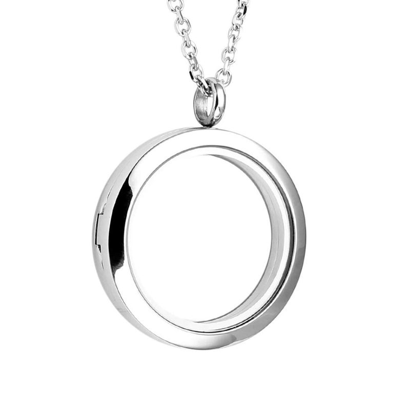 Zysta Silver Round Locket Pendant Necklace 30mm Glossy Stainless Steel Clear Glass Living Memory Floating Charms Stone Storage - Image 3